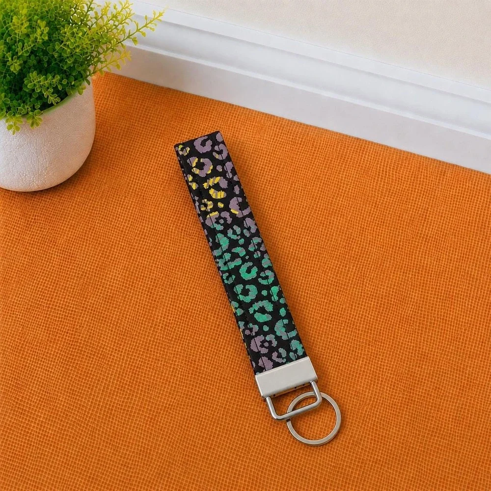 Black Leopard Print Key Fob Wristlet, Colorful Animal Print Keychain